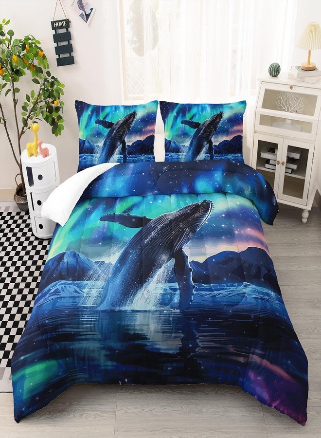 Suncloris Blue Whale Comforter Set, Fantasy Starry Sky Galaxy Couple Whale Bedding Bedspread for Kids and Adults, Ocean Nautical Sea Animal Pattern Quilt Bedroom Decor with 2 Pillow Cases (JumpingWhale, Queen) - Image 1