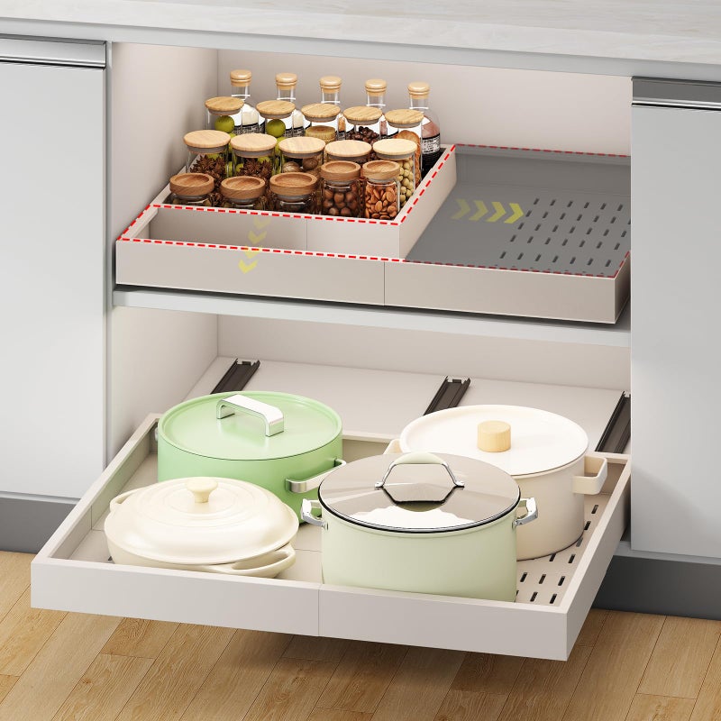 Fokyfok Pull out Cabinet Organizer,Width (14"-21") and Depth (17"-24") Expandable With 3 Rails,No Drill Adjustable Slide out Drawers for Kitchen,Pantry,Adhesive Roll out Shelves,for Cabinets Without Lip,White - Image 1
