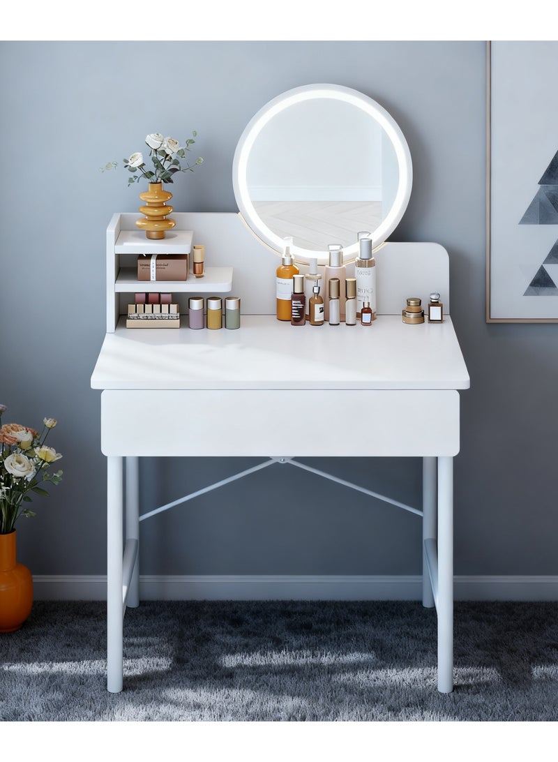 Simple Makeup Vanity Dressing Table, Steel Leg Small White Table with Shelf, Drawer, Mirror and Led Light for Bedroom and Small Space (RJ60CK, 60 * 40cm) - Image 1