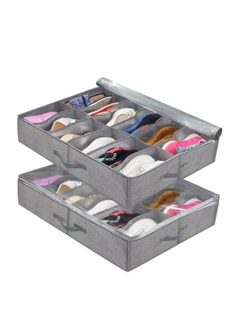 2 pieces Under Bed Shoe Storage Organizer,TEAR-RESISTANT Heavy Duty 600D Material,Shoe Organizer Under Bed,Fits Men's and Women's Shoes, High Heels, and Sneakers,Up to 12 Pairs (Light Grey)