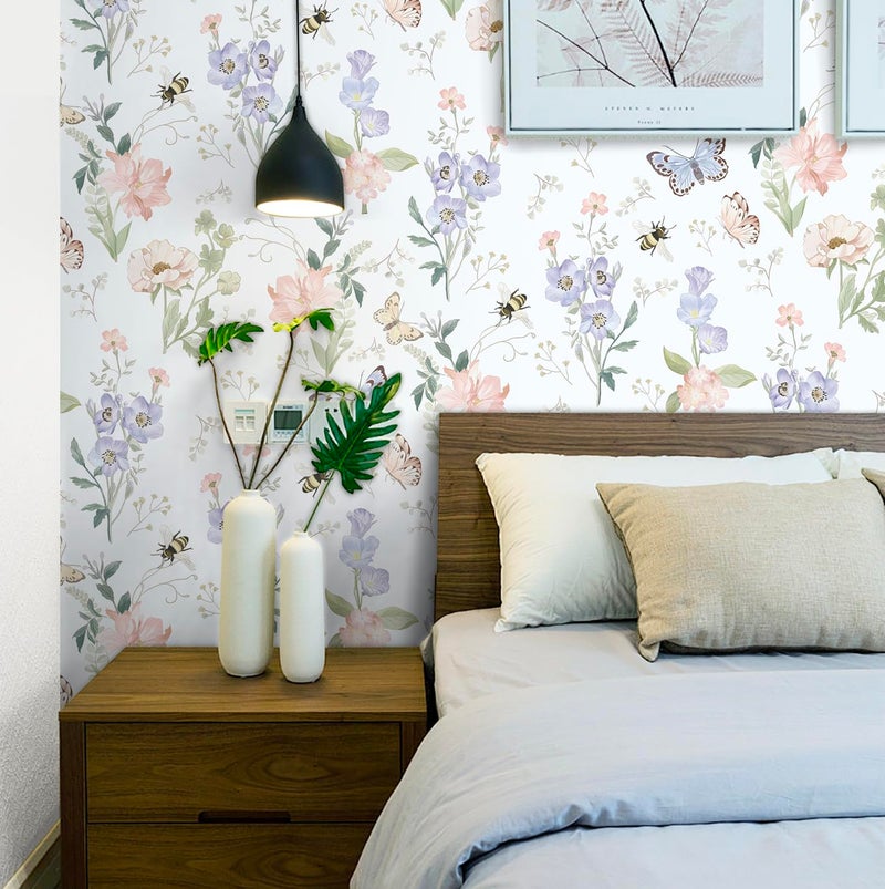 Timeet Peel and Stick Wallpaper Floral Wallpaper Flower Contact Paper Vintage Wall Paper Removable Self Adhesive for Bedroom Bathroom Shelf Cabinet Purple Butterfly Wall Decor 17"x78.7" - Image 3
