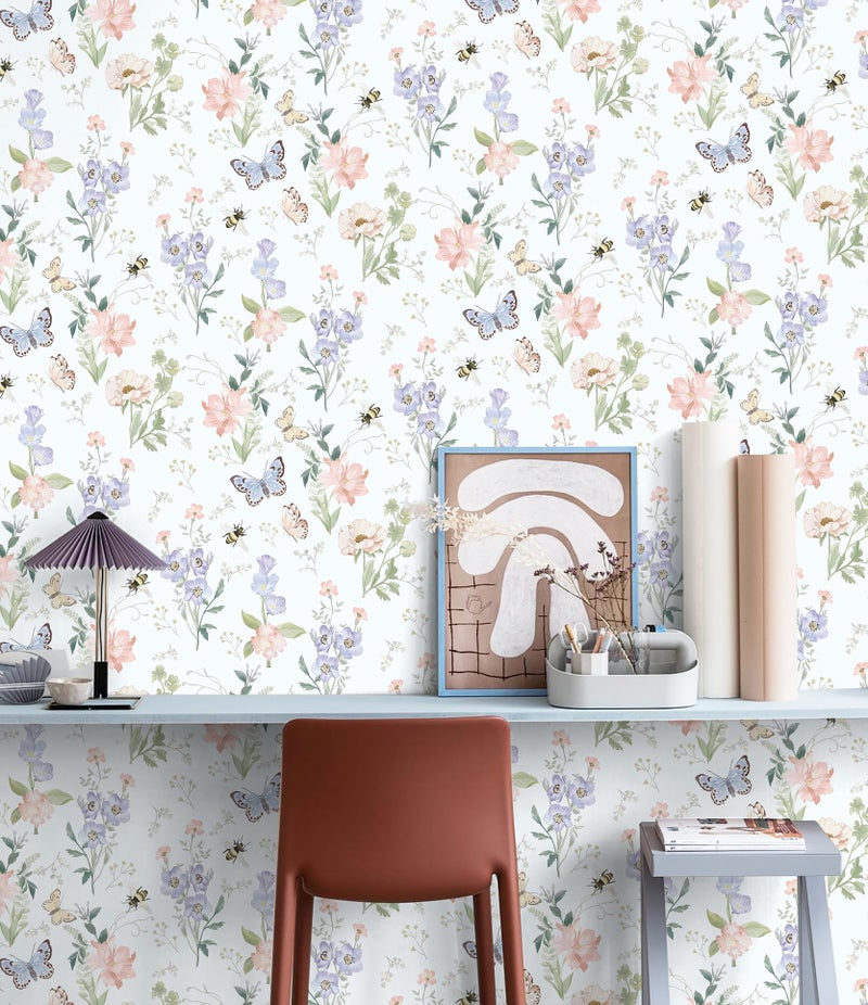 Timeet Peel and Stick Wallpaper Floral Wallpaper Flower Contact Paper Vintage Wall Paper Removable Self Adhesive for Bedroom Bathroom Shelf Cabinet Purple Butterfly Wall Decor 17"x78.7" - Image 4