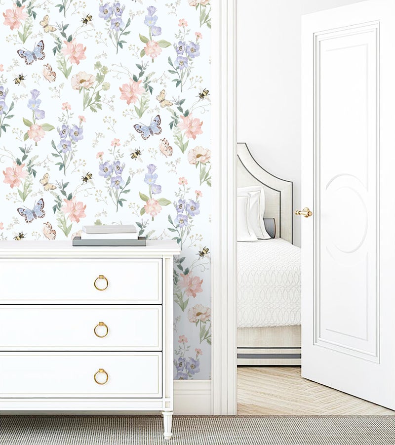 Timeet Peel and Stick Wallpaper Floral Wallpaper Flower Contact Paper Vintage Wall Paper Removable Self Adhesive for Bedroom Bathroom Shelf Cabinet Purple Butterfly Wall Decor 17"x78.7" - Image 2