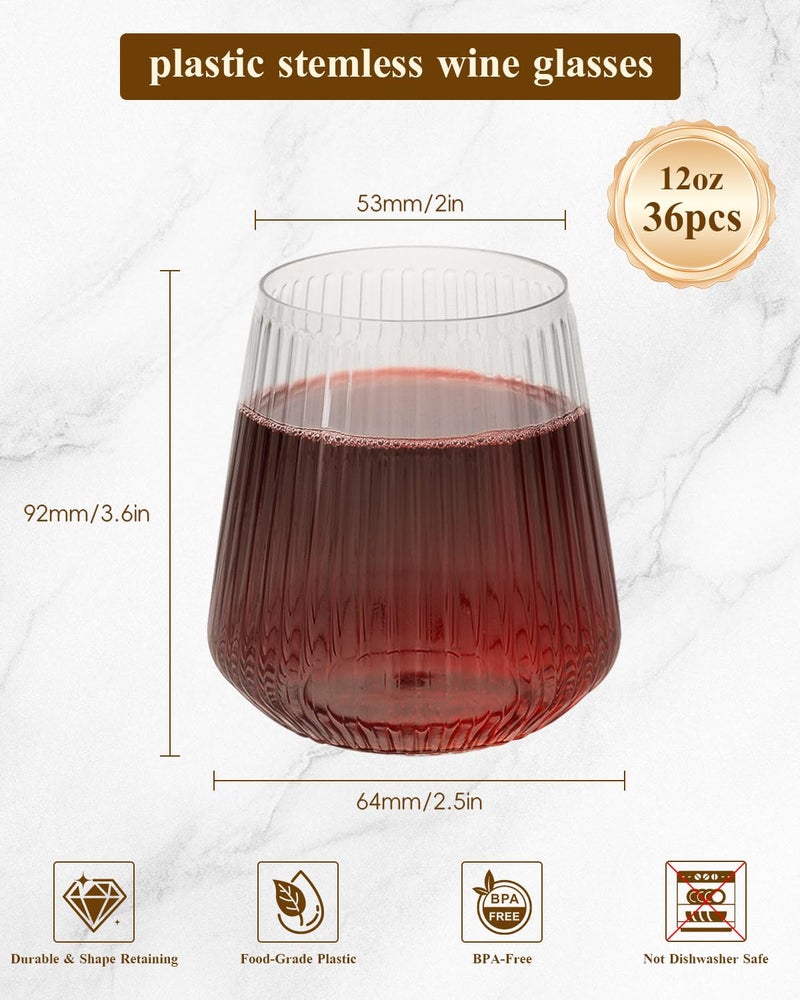 Goodluck 36 Pack 12oz Stemless Plastic Wine Glasses â€“ Clear Ribbed Cups, Elegant Reusable Disposable Drinkware for Weddings, Parties, Bars, Indoor and Outdoor Events - Image 2