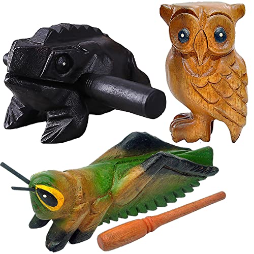 GOGHOST 3 Pcs Handmade Wooden Guiro Animal Set (Medium), 4 Inch Wooden Frog, 4 Inch Wooden Cricket, and 3.5 Inch Wooden Owl Whistle, Guerrero Percussion Instruments Artistic Craft - Image 1