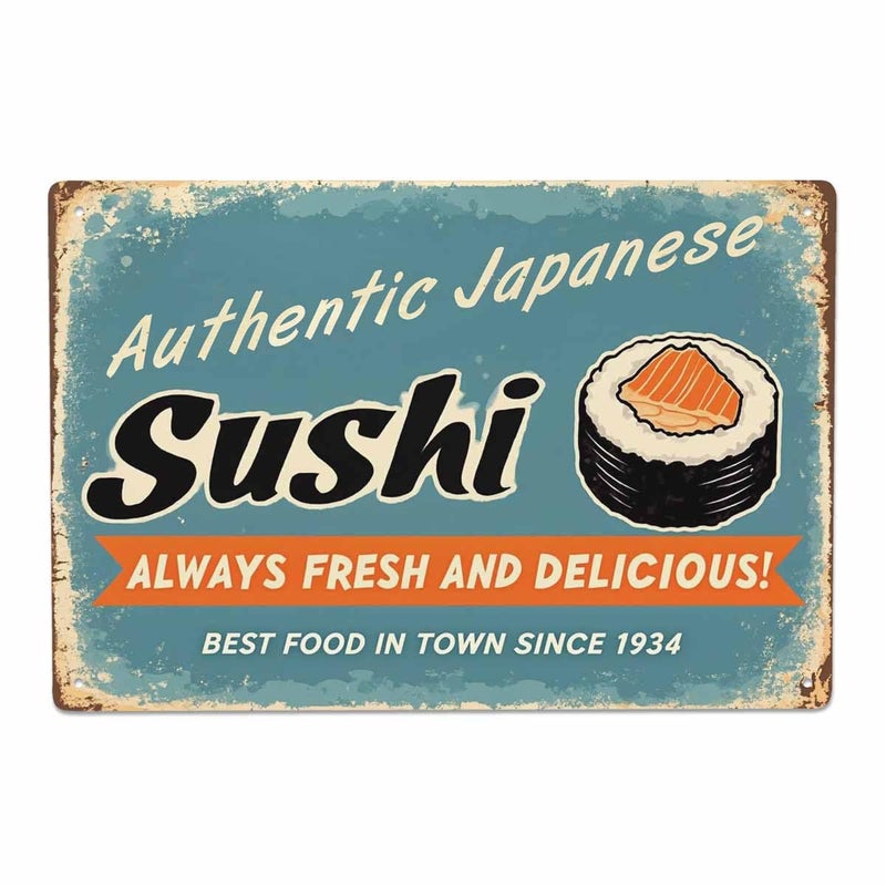 AOYEGO Sushi Tin SignScratch Food Delicious Japanese Fresh Rice Roll Snack Restaurant Vintage Metal Tin Signs for Cafes Bars Pubs Shop Wall Decorative Funny Retro Signs for Men Women 8x12 Inch