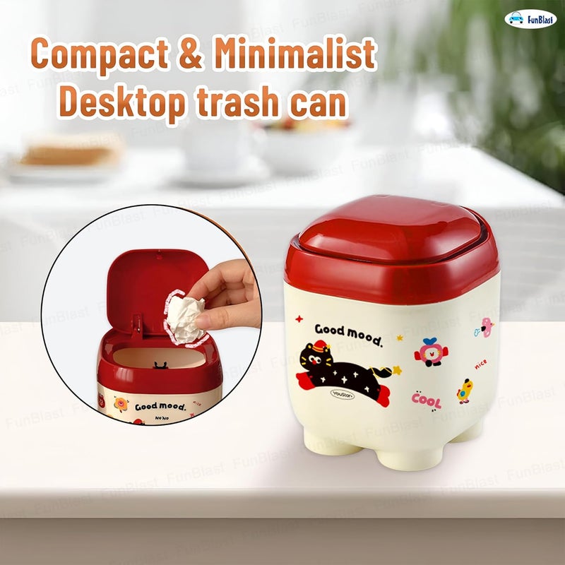 FunBlast FunBlast Table Dustbin Desktop Bin with Kawaii Stickers Mini Trash Can with Swing Top Lid Portable Mini Waste Bin Disposal Dustbin for Car Office Desk and Home Use - Image 3