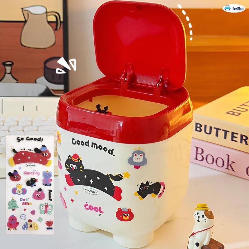 FunBlast FunBlast Table Dustbin Desktop Bin with Kawaii Stickers Mini Trash Can with Swing Top Lid Portable Mini Waste Bin Disposal Dustbin for Car Office Desk and Home Use - Image 4