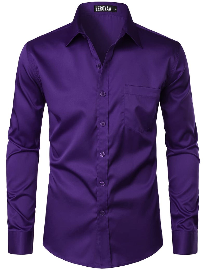 ZEROYAA Mens Urban Stylish Casual Business Slim Fit Long Sleeve Button Up Dress Shirt with Pocket ZLCL29 Purple Large