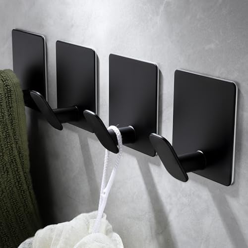 ZUNTO 4 Pack Adhesive Towel Hooks for Bathroom, Heavy Duty Wall Hooks for Hanging, No Drilling, Durable Waterproof Hooks for Towels & Utensils - Image 1