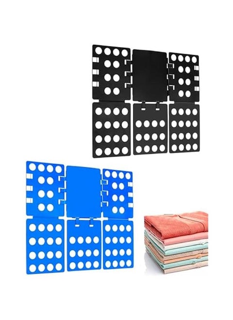 PP Composite Folding Board, 2 Pack Folding Clothes Board - Black + Blue, One-Hand Operation Laundry Folding Tool, Non-Slip Silicone Buckles, T Shirt Folder, Laundry Folders for All Garments