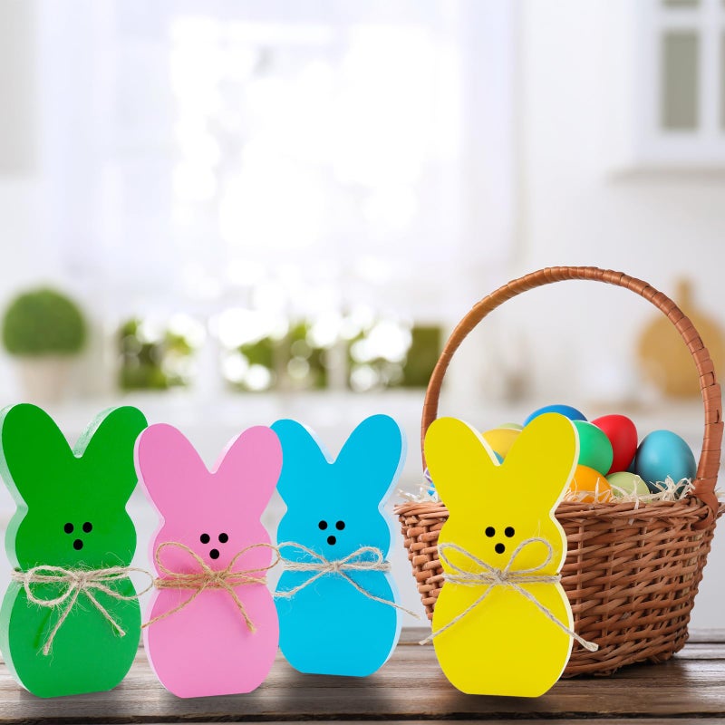 Oeyliz Easter Decorations 4PCS Easter Wooden Bunny Table Decorations Wooden Rabbit Tiered Tray Decor Spring Wood Decor for Home Mantel Home Table Party - Image 3