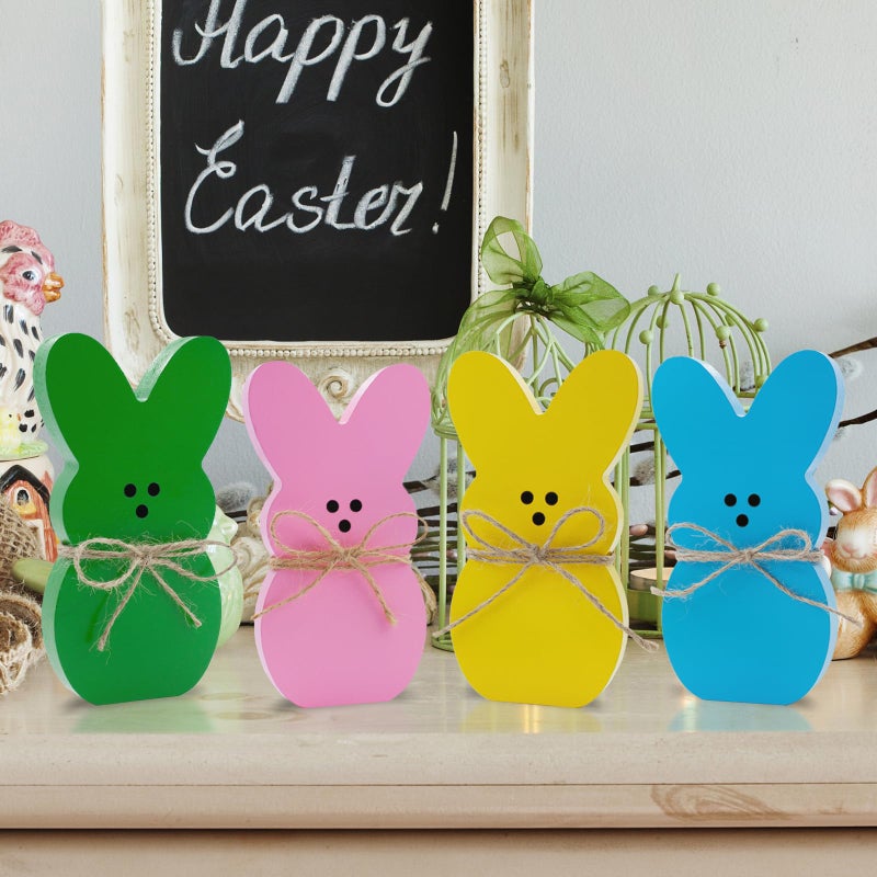 Oeyliz Easter Decorations 4PCS Easter Wooden Bunny Table Decorations Wooden Rabbit Tiered Tray Decor Spring Wood Decor for Home Mantel Home Table Party - Image 5