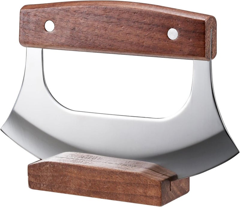 Coowolf Ulu Knife - Sharp Rocker Mezzaluna Knife with Stand for Cutter Pizza, Meat, Vegetables, Herb, Salad, Stainless Steel Blade, Walnut Wood Handle, Kitchen Essentials Accessories and Gadgets Tools - Image 1