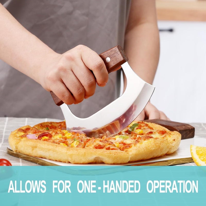 Coowolf Ulu Knife - Sharp Rocker Mezzaluna Knife with Stand for Cutter Pizza, Meat, Vegetables, Herb, Salad, Stainless Steel Blade, Walnut Wood Handle, Kitchen Essentials Accessories and Gadgets Tools - Image 4