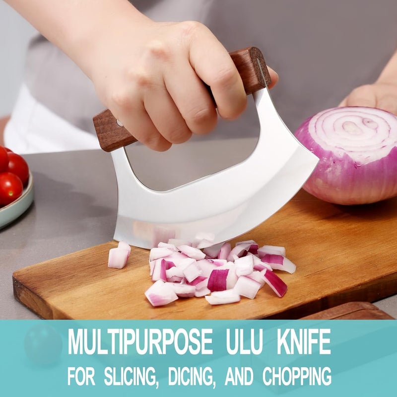 Coowolf Ulu Knife - Sharp Rocker Mezzaluna Knife with Stand for Cutter Pizza, Meat, Vegetables, Herb, Salad, Stainless Steel Blade, Walnut Wood Handle, Kitchen Essentials Accessories and Gadgets Tools - Image 2