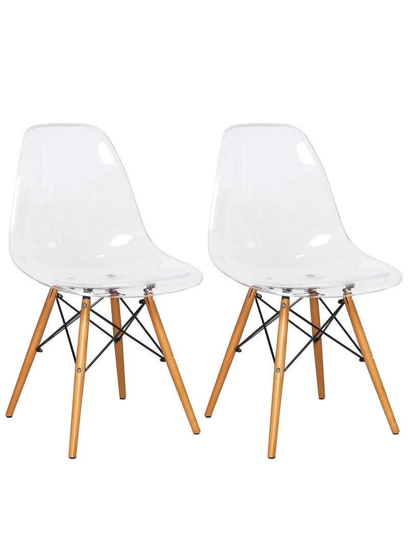 Taimi Set of 2 Modern Transparent Plast Style Plastic Dining Chair Mid Century Modern DSW Chair, Shell Lounge Plastic Chair with Natural Wooden Legs for Office, Kitchen, Dining, Bedroom, Living Room Side Chair Clear - Image 1