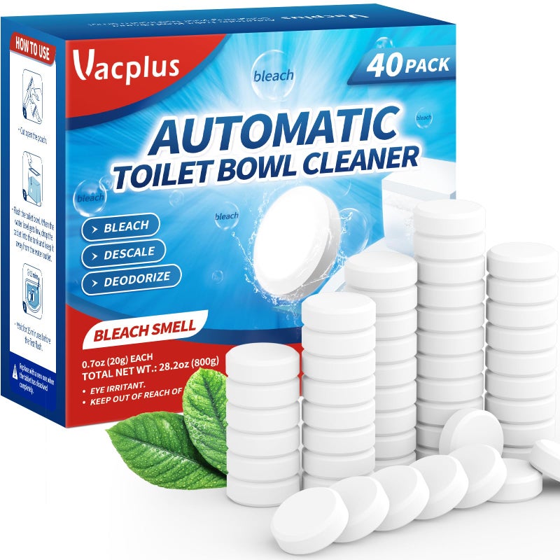 Vacplus Toilet Bowl Cleaner Tablets 40 PACK, Automatic Cleaners with Bleach, Slow-Releasing Toilet Tank Cleaners for Deodorizing & Descaling, Household Toilet Cleaners against Tough Stains - Image 1