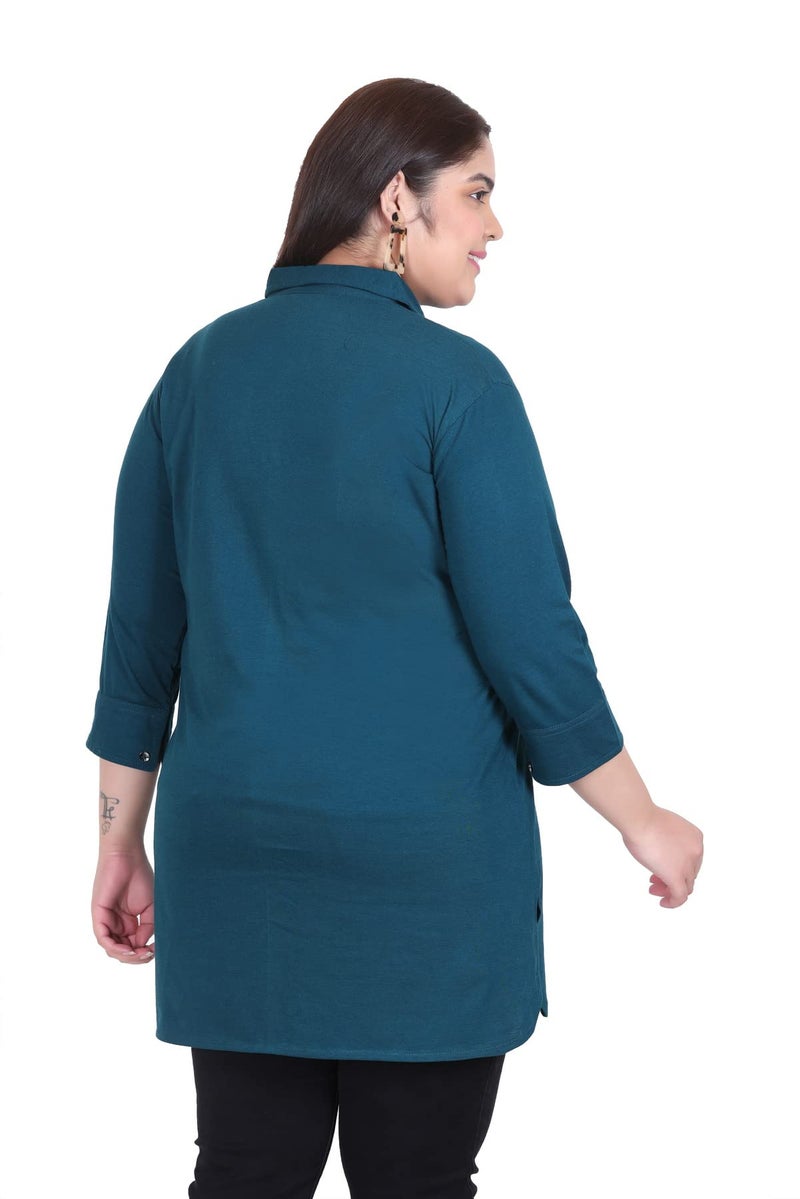 In Love Women's Cotton Plus Size Office Wear Longline Solid Modern Fit Casual Shirt,Peacock,2Xl - Image 3