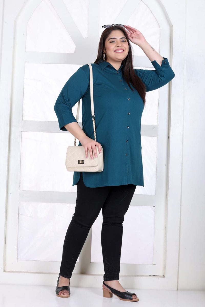 In Love Women's Cotton Plus Size Office Wear Longline Solid Modern Fit Casual Shirt,Peacock,2Xl - Image 2
