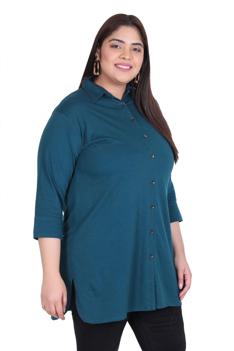 In Love Women's Cotton Plus Size Office Wear Longline Solid Modern Fit Casual Shirt,Peacock,2Xl - Image 5