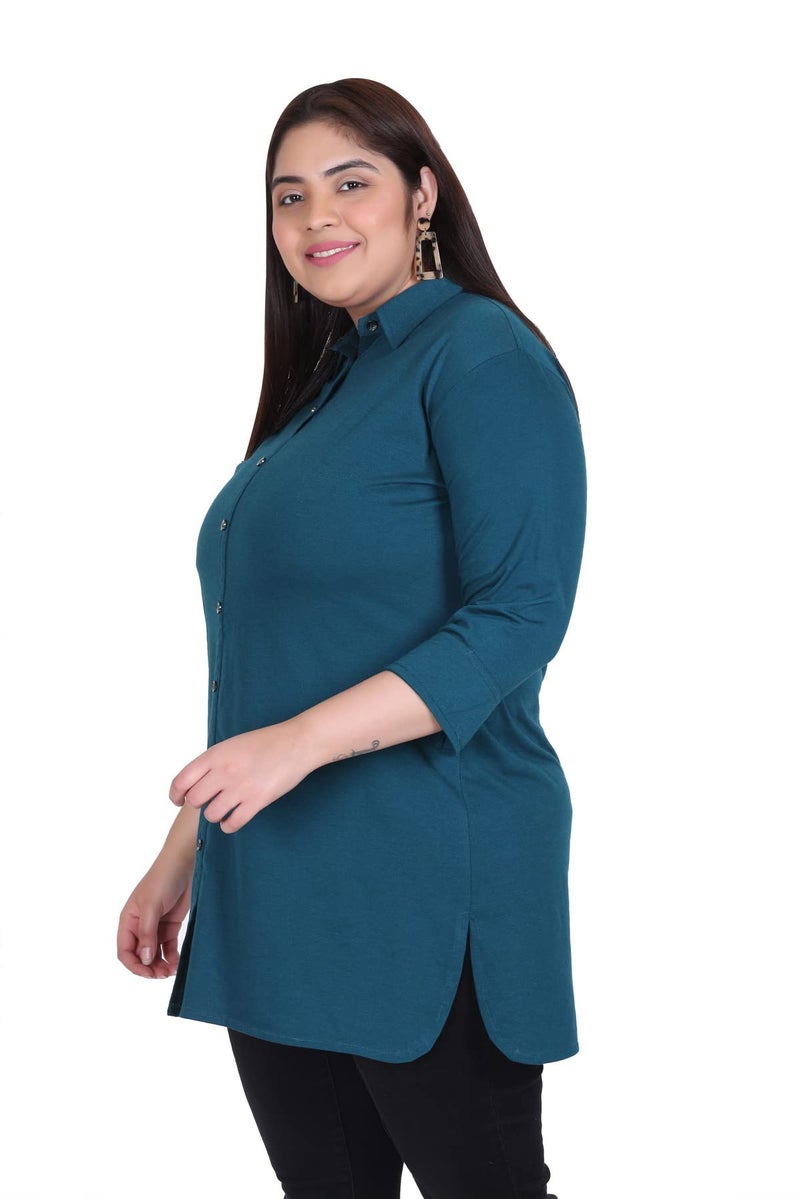 In Love Women's Cotton Plus Size Office Wear Longline Solid Modern Fit Casual Shirt,Peacock,2Xl - Image 4
