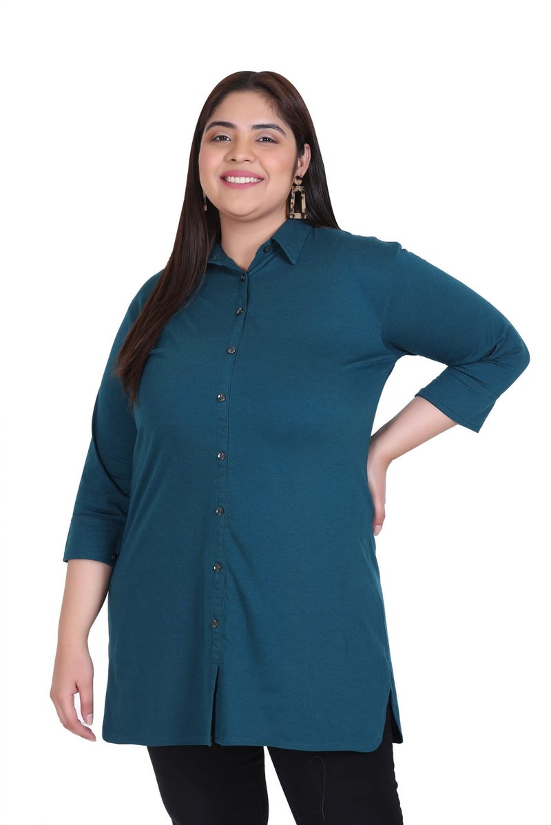 In Love Women's Cotton Plus Size Office Wear Longline Solid Modern Fit Casual Shirt,Peacock,2Xl - Image 1