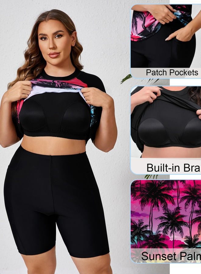 Halcurt بلوزة سباحة نسائية مع حمالة صدر مدمجة وشورتات بويليغ بجيوب، أومبري بالم، 3X - Image 5