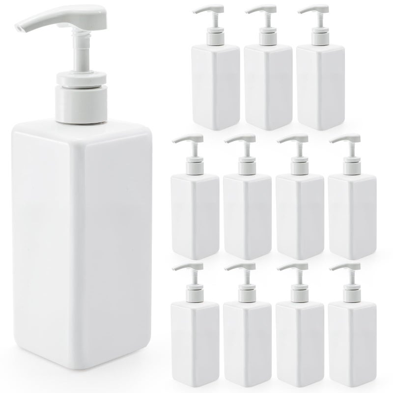 Okllen 12 Pack 16 Oz Plastic Pump Bottles Empty Refillable Container Liquid Soap Dispenser for Shampoo Lotion Cleaning Products Kitchen Bathroom White Square