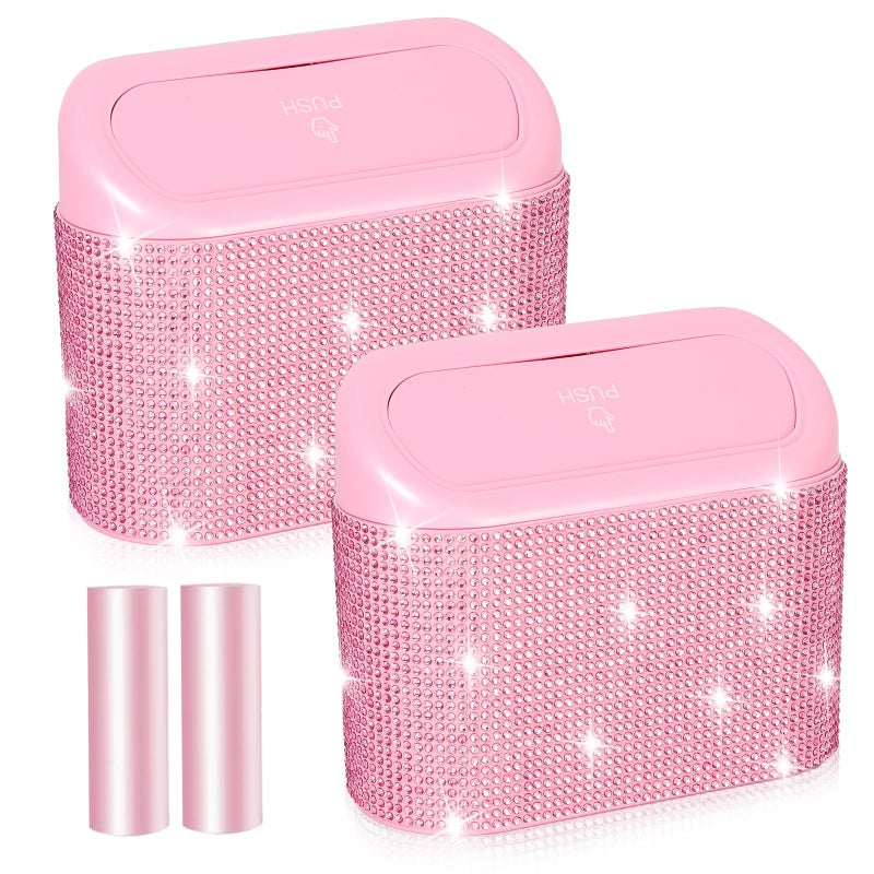 NBTEPEM Bling Pink Car Trash Can with Lid - 2 Pack, Mini Auto Garbage Can with 60 Trash Bags, Automotive Garbage Container Bin, Bling Car Accessories Trash Can for Women (Pink Diamond) - Image 1