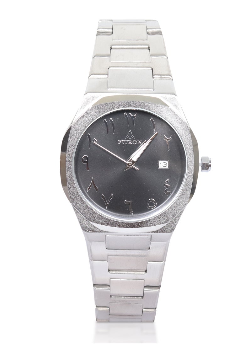 Fitron Men's Silver Wrist Watch with Black Dial, Arabic Numbers and Date  - Image 1