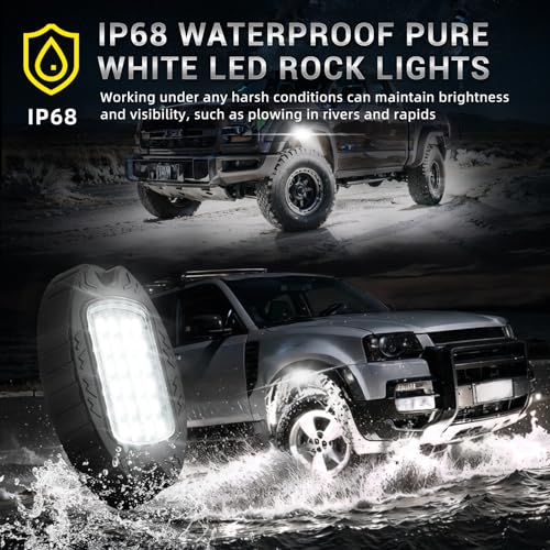 TDE Explorer.Lighting 8 Pods Alloy Pure White LED Rock Lights for Truck Offroad ATV UTV RZR SUV Boat, Metal 6500K 24 LEDs White Neon Underglow Light with Switch Extension Harness, Under Trail Rig Fender Lighting - Image 4