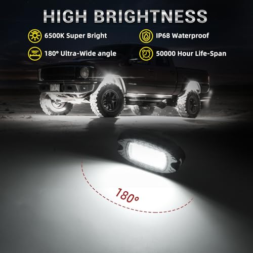 TDE Explorer.Lighting 8 Pods Alloy Pure White LED Rock Lights for Truck Offroad ATV UTV RZR SUV Boat, Metal 6500K 24 LEDs White Neon Underglow Light with Switch Extension Harness, Under Trail Rig Fender Lighting - Image 2