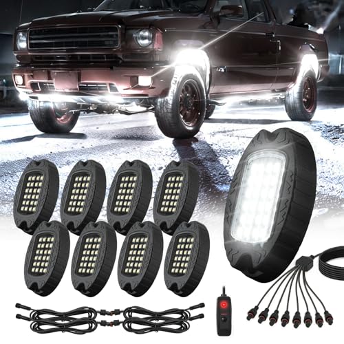 TDE Explorer.Lighting 8 Pods Alloy Pure White LED Rock Lights for Truck Offroad ATV UTV RZR SUV Boat, Metal 6500K 24 LEDs White Neon Underglow Light with Switch Extension Harness, Under Trail Rig Fender Lighting - Image 1