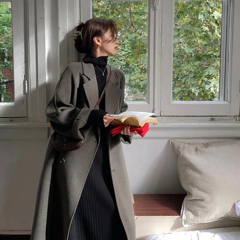 Womens Hepburn Style Long Woolen Coat Fifty Gentle Style Scarf Collar Woolen Coat Women Galaxy gray [padded]]