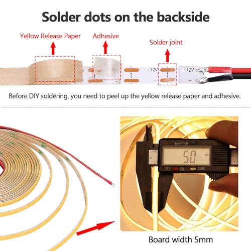 GOMING 12V 5mm Width COB LED Strip Light Warm White 3000K 16.4ft(5M) 2000LEDs CRI 93+ Uniform Glow Flexible Not Waterproof IP20 LED Tape Lights for DIY Bedroom Kitchen Home Decor(No Power Supply) - Image 3