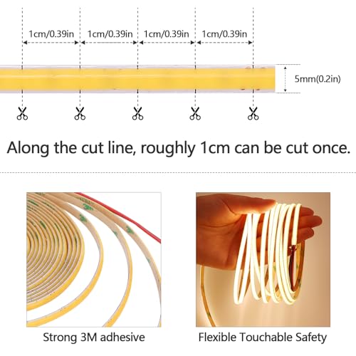 GOMING 12V 5mm Width COB LED Strip Light Warm White 3000K 16.4ft(5M) 2000LEDs CRI 93+ Uniform Glow Flexible Not Waterproof IP20 LED Tape Lights for DIY Bedroom Kitchen Home Decor(No Power Supply) - Image 2