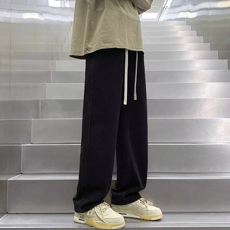 National fashion elastic waist jeans mens and womens 2024 new loose straight wide leg trousers high street fashion brand casual pants Grey  - Image 2