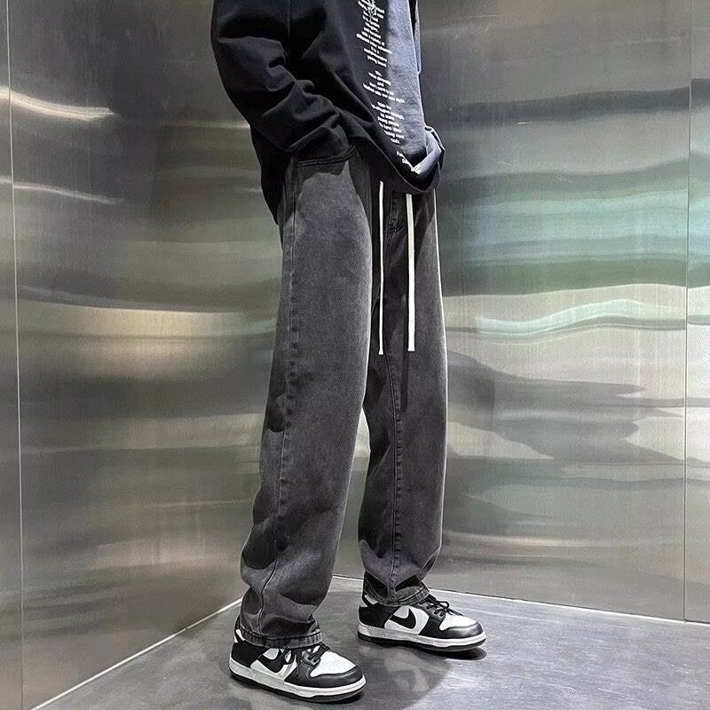 National fashion elastic waist jeans mens and womens 2024 new loose straight wide leg trousers high street fashion brand casual pants Grey  - Image 1