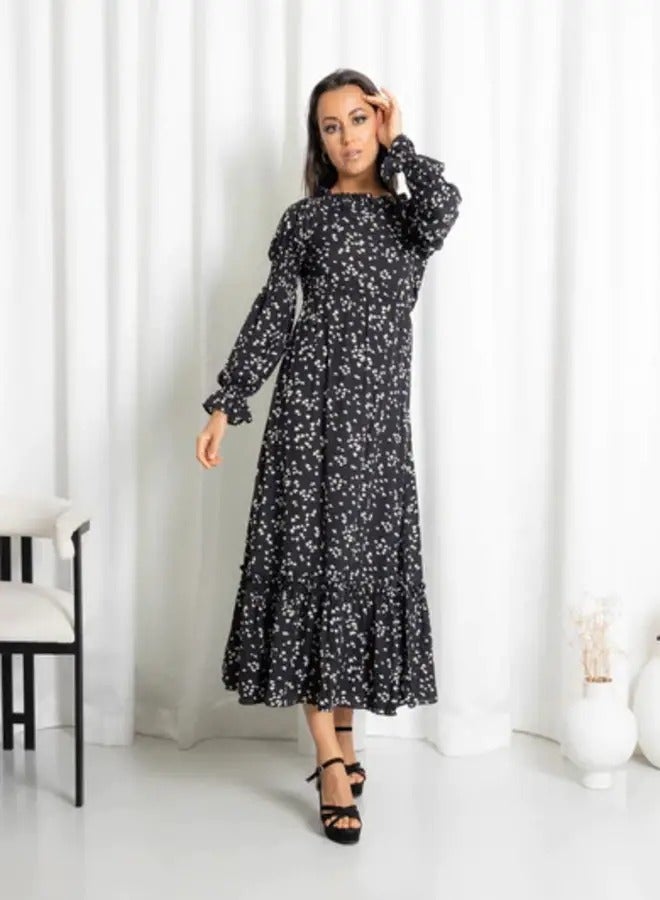 Ideal Tiered Frill Petal Print Black Maxi  - Image 1