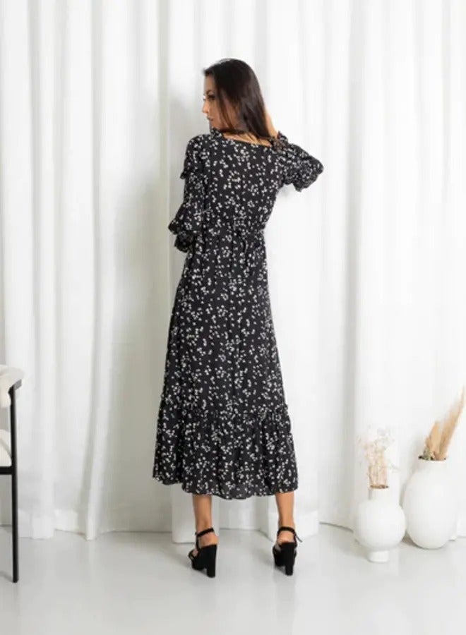 Ideal Tiered Frill Petal Print Black Maxi  - Image 3