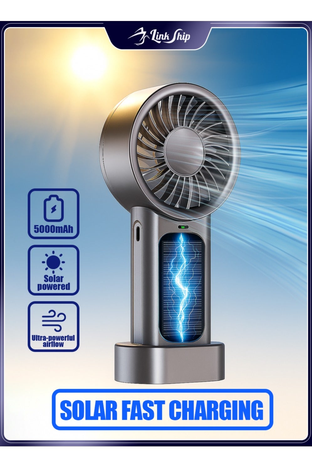 Solar Portable Fan, 5000mAh Ultra-Long Lasting Battery & Fast USB/Solar Charging, for Extreme Outdoor Camping, Hiking and Travel, Powerful Cooling with Safe Heat-Resistant Design