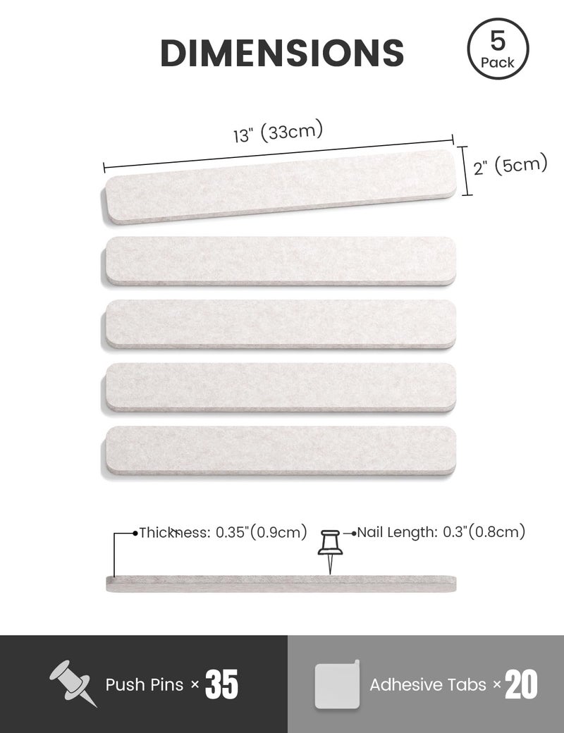 Fluxynara Cork Board Alternative Felt Strip Board 5-Pack 13"x2", Office Pin Board with 35 Push Pins, Adhesive Install for Bedroom Door & Home Office(Oatmeal) - Image 2