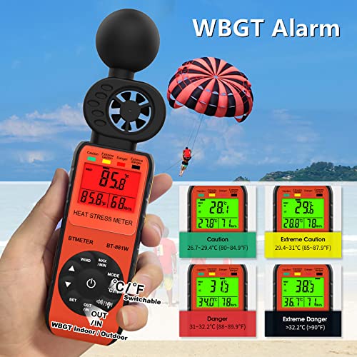 BTMETER جهاز قياس الإجهاد الحراري BTMETER BT-881W، مقياس سرعة الرياح الرقمي الداخلي/الخارجي، مقياس درجة حرارة الكرة الرطبة (WBGT) مع سرعة الرياح، درجة الحرارة المحيطة، واختبار الرطوبة - Image 4