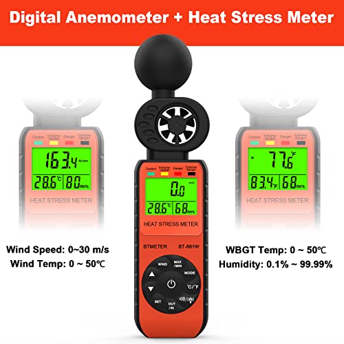 BTMETER جهاز قياس الإجهاد الحراري BTMETER BT-881W، مقياس سرعة الرياح الرقمي الداخلي/الخارجي، مقياس درجة حرارة الكرة الرطبة (WBGT) مع سرعة الرياح، درجة الحرارة المحيطة، واختبار الرطوبة - Image 3