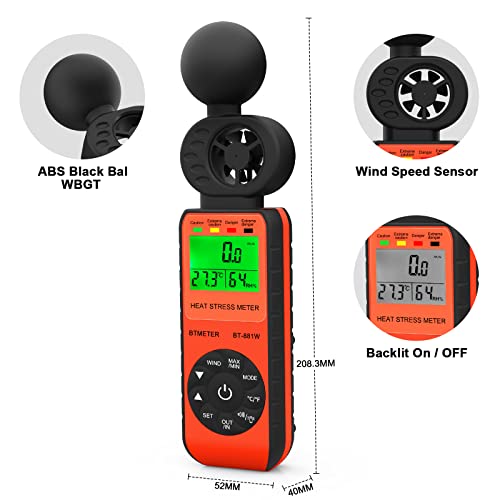 BTMETER جهاز قياس الإجهاد الحراري BTMETER BT-881W، مقياس سرعة الرياح الرقمي الداخلي/الخارجي، مقياس درجة حرارة الكرة الرطبة (WBGT) مع سرعة الرياح، درجة الحرارة المحيطة، واختبار الرطوبة - Image 5