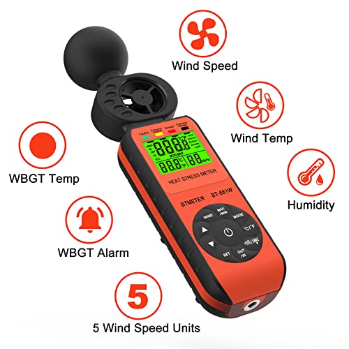 BTMETER جهاز قياس الإجهاد الحراري BTMETER BT-881W، مقياس سرعة الرياح الرقمي الداخلي/الخارجي، مقياس درجة حرارة الكرة الرطبة (WBGT) مع سرعة الرياح، درجة الحرارة المحيطة، واختبار الرطوبة - Image 2