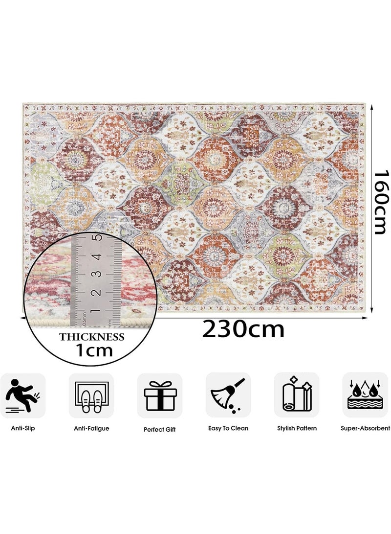 سجادة صغيرة قابلة للغسل بنقشة مغربية، مناسبة لغرفة النوم وغرفة المعيشة، سجادة مانعة للانزلاق بلمسة شرقية، مثالية للمطبخ والمكتب والمدخل والحمام، لون برتقالي/طيني، مقاس 160 × 230 سم - Image 2