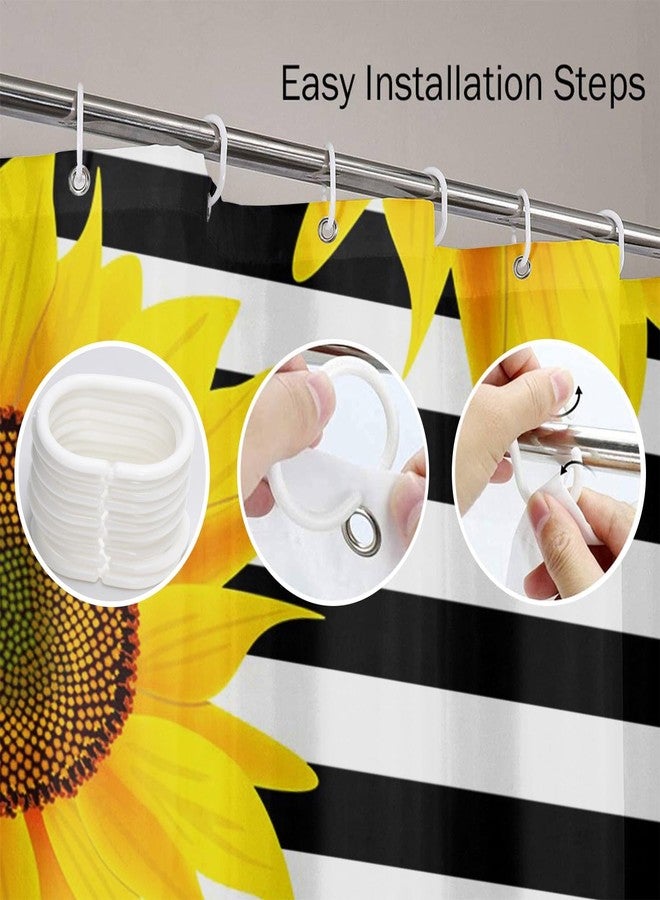 Emvency Shower Curtain Bright Sunflowers Striped Black and White Pattern Yellow Sun Flowers Print Home Decor Waterproof Polyester Fabric 72 x 72 inches Set with Hooks - Image 3