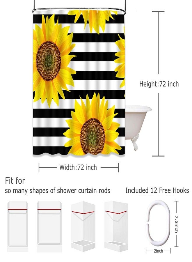 Emvency Shower Curtain Bright Sunflowers Striped Black and White Pattern Yellow Sun Flowers Print Home Decor Waterproof Polyester Fabric 72 x 72 inches Set with Hooks - Image 2
